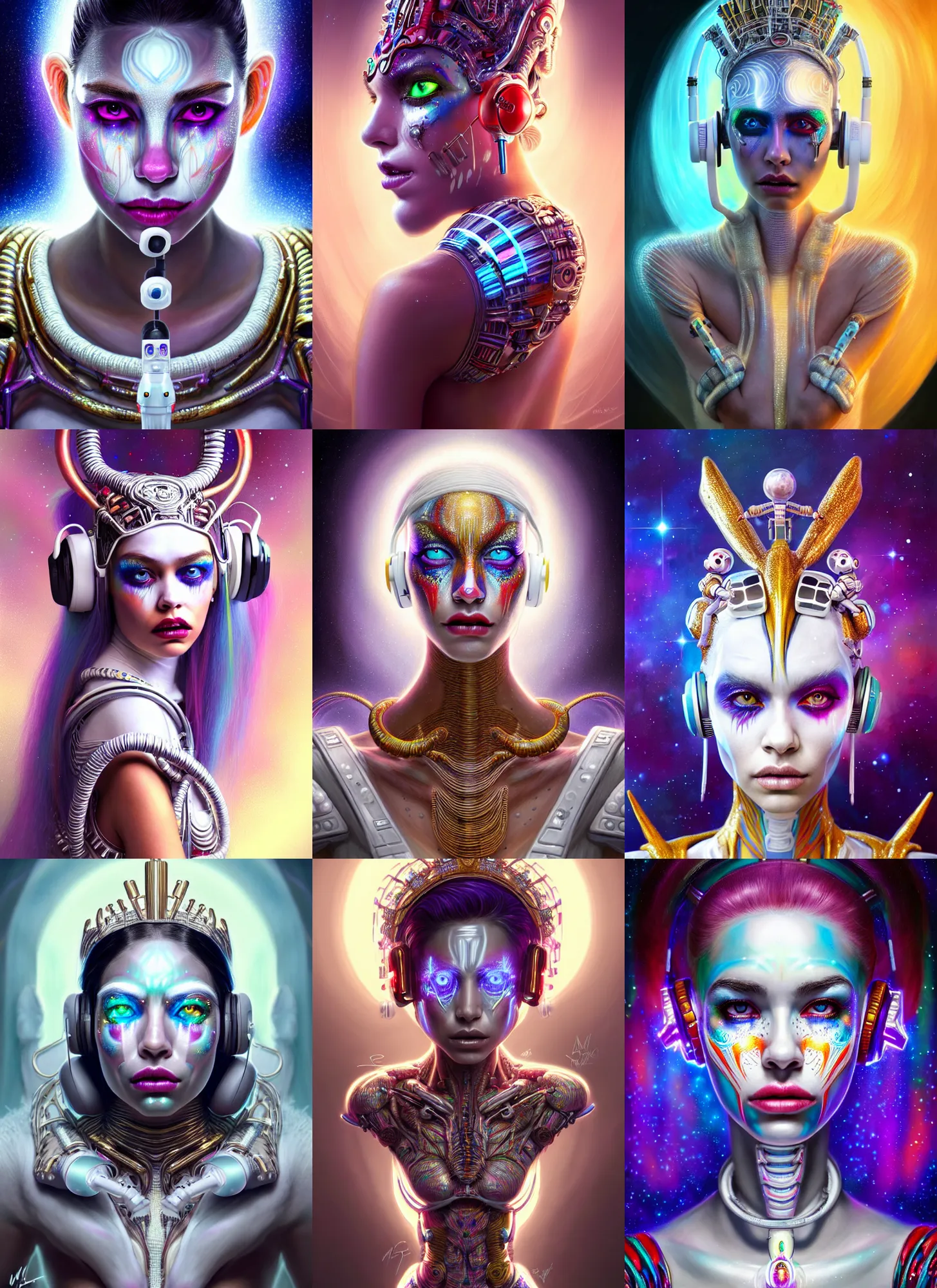 Prompt: bright white polished galactic clowncore cyborg : : disney weta portrait, soft mayan queen devil madison beer, bling earbuds, hi - fructose, sci - fi fantasy intricate decadent highly - detailed digital painting, golden ratio, octane render, artstation, concept art, smooth, sharp focus, illustration, artgerm, mucha, loish, wlop