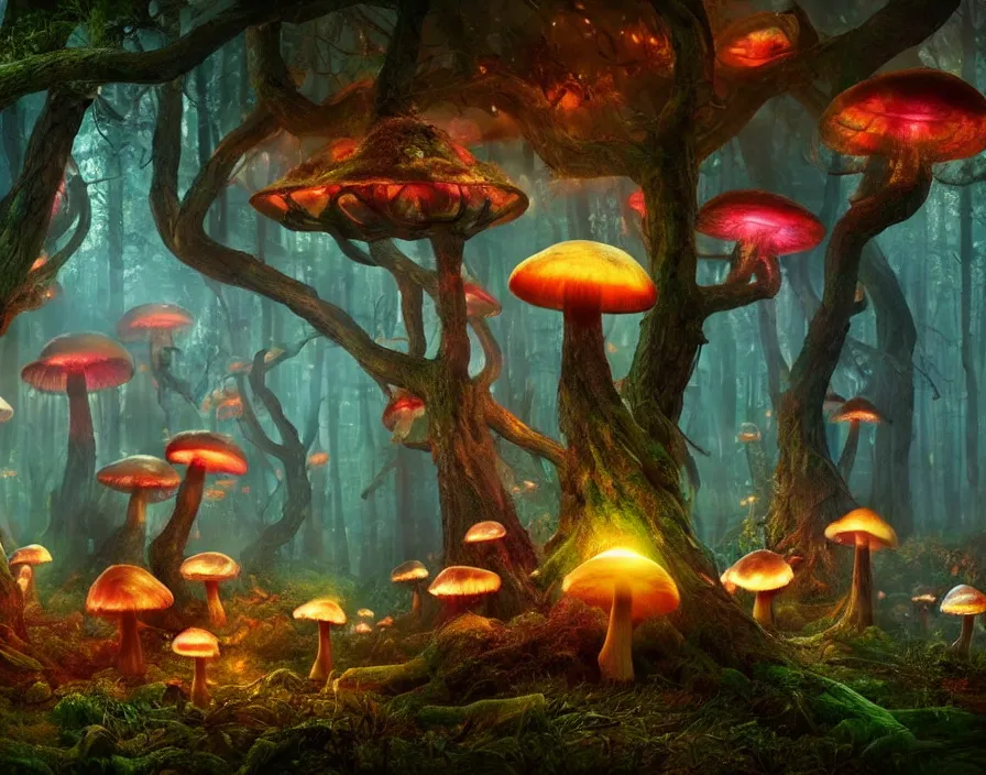 Prompt: a weird magical forest with giant glowing mushrooms made entirely out of brains. Highly detailed. 8k. Fantasy horror.