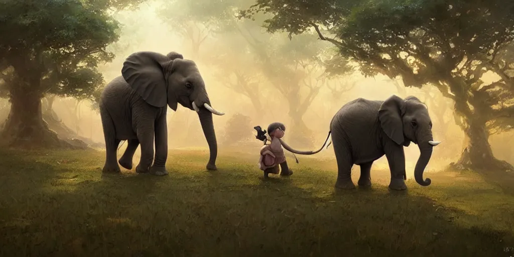 Image similar to a wholesome cute baby elephant, medium shot, waist up, studio ghibli, pixar and disney animation, sharp, anime key art by greg rutkowski, by craig mullins, bloom, dramatic lighting