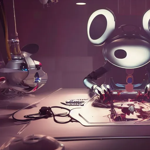 Image similar to a cybertronic mickey mouse being dissected by a group of network executives, on an operating table, octane render, cgstation, 3 d render, very detailed, mindblowing, blood and guts, gritty, cyberpunk