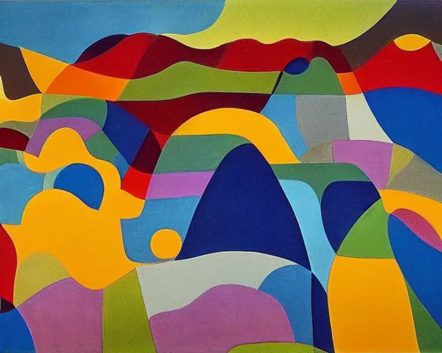 Image similar to A wild, insane, modernist landscape painting. Wild energy patterns rippling in all directions. Curves, organic, zig-zags. Saturated color. Mountains. Clouds. Rushing water. Waves. Sci-fi dream world. Wayne Thiebaud. Lisa Yuskavage landscape. Paul Klee.