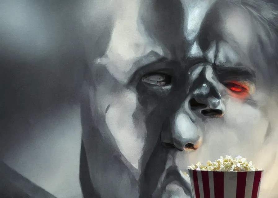 Prompt: dynamic portrait painting of Michael Myers sitting in a movie theater eating popcorn, sharp focus, face focused, trending on ArtStation, masterpiece, by Greg Rutkowski, by Ross Tran, by Fenghua Zhong, octane, soft render, oil on canvas, moody lighting, high contrast, cinematic, professional environmental concept art