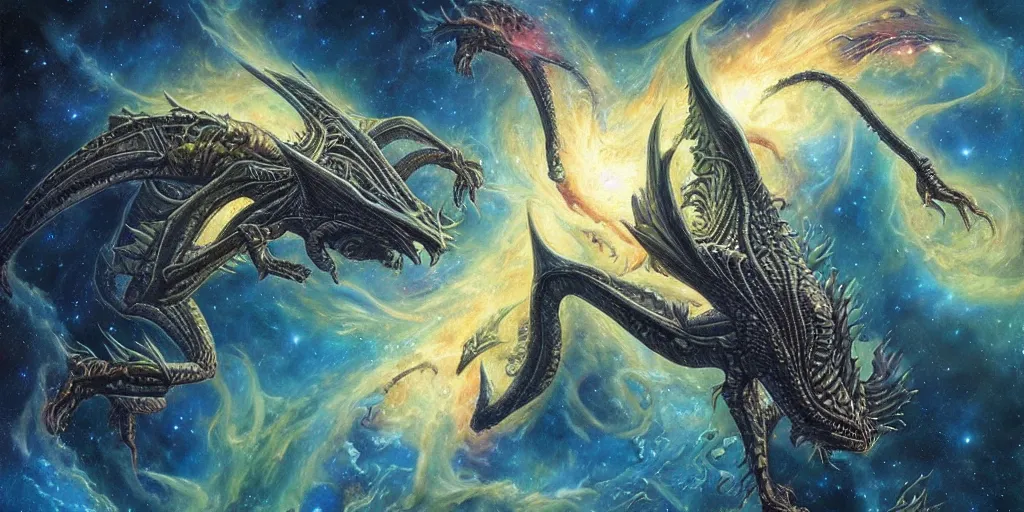 Image similar to an alien dragon flying through outer space, epic nebula, dan seagrave art