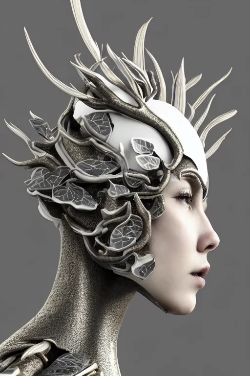 Image similar to monochrome close - up profile face, black background, beautiful young porcelain bio - mechanical vegetal - dragon - cyborg - female, white metallic armour, silver gold details, magnolia leaves and stems, roots, mandelbot fractal, 1 5 0 mm, beautiful natural soft rim light, elegant, hyper real, ultra detailed, octane render, 1 6 k