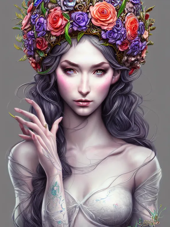 Image similar to digital art, centered elven bride, vivid flower crown ,intricate, veins, by James Jean and by artgerm , ultradetailed, charachter design, concept art, trending on artstation,