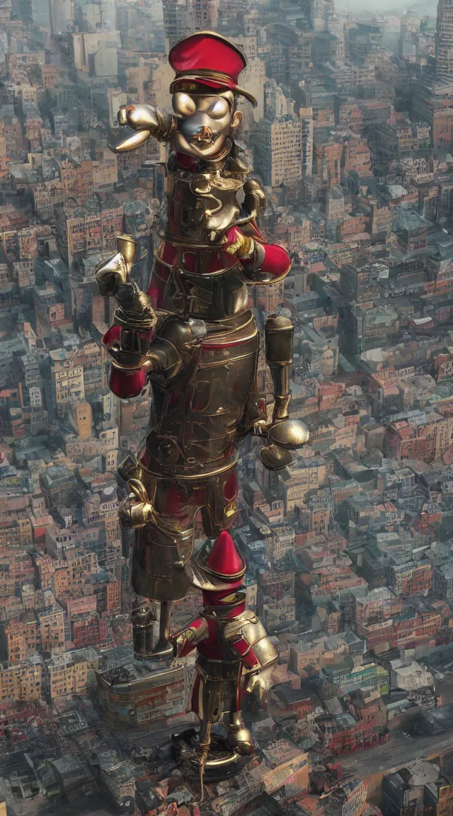 Image similar to hyperrealistic giant toy tin soldier in city, stunning, realistic, highly detailed attributes and atmosphere, dim volumetric cinematic lighting, 8 k octane extremely hyper - detailed render, post - processing, masterpiece,