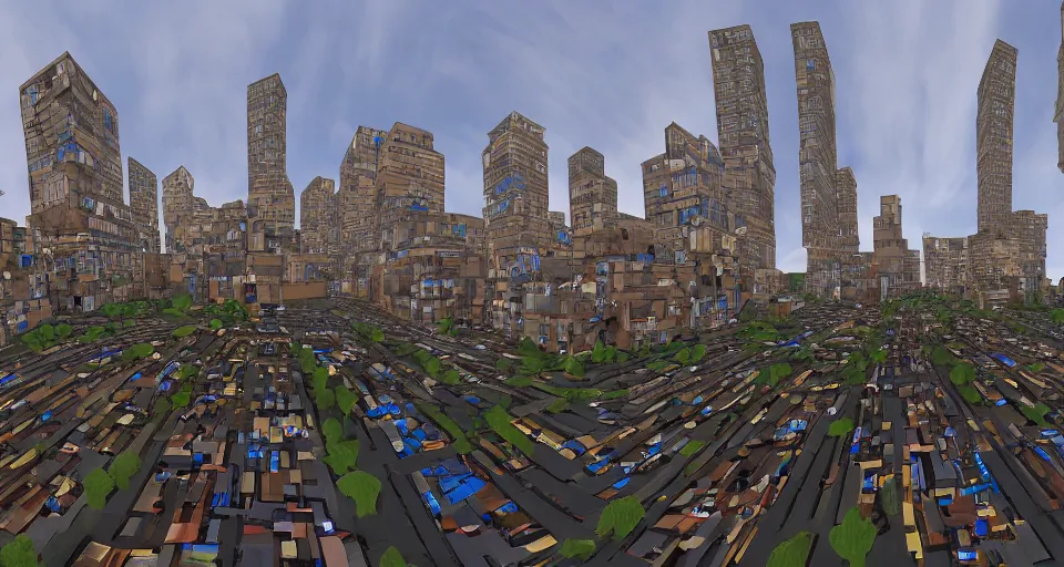 Image similar to City of cardboard viewed from the streets, ultrawide angle photo