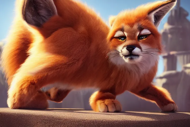 Image similar to The fluffiest little fur creature in the world, hybrid from cat caracal fox lion deer, fullbody, oil painting, disney, zootopia, volumetric light, unreal 5, DAZ, hyperrealistic, octane render, RPG portrait, dynamic lighting, fantasy art, beautiful face