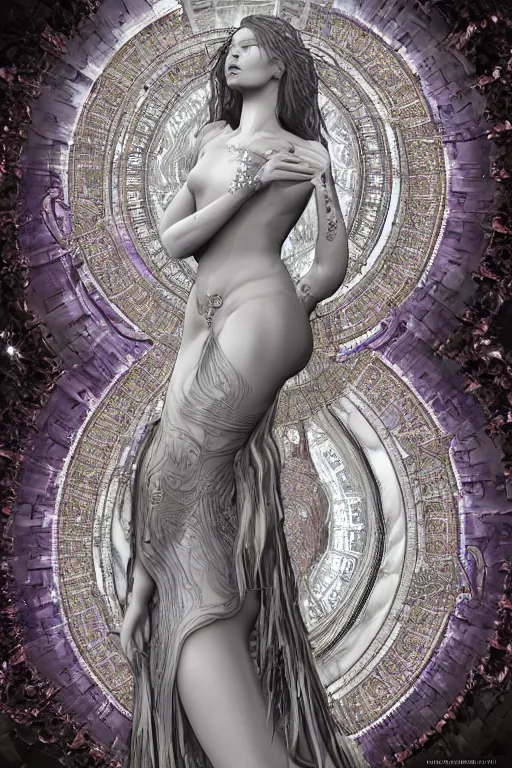 Prompt: a realistic photo of a beautiful ancient alien woman goddess kate moss nataraja standing in iris van herpen dress jewelery and fractals in style of alphonse mucha art nuvo dmt trending on artstation made in unreal engine 4