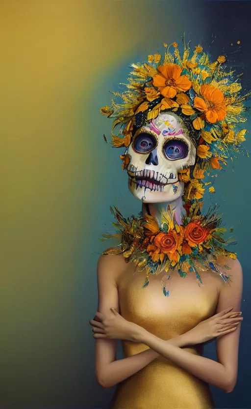 Image similar to a gold oil painting hyperrealism of a beautiful woman on a white background, flowers, dia de los muertos makeup, floral headdress, 8 k resolution, octane render, trending on artstation, by gediminas pranckevicius, volumetric light 2 blue fractal thunder glow by dan mumford, anaglyph effect, laurie lipton