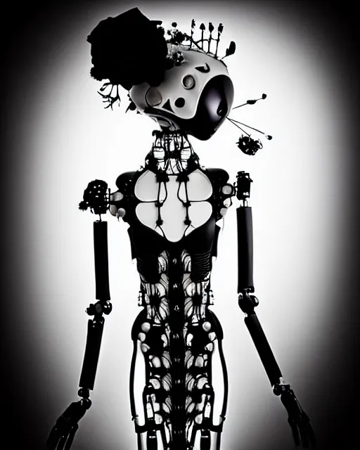 Image similar to dreamy surreal poetic black and white photo of a beautiful young bio-mechanical-female-jellyfish-cyborg-plastic-robot with a very long neck and a super big gothic lace collar and a very high big floral crown with many black dry roses by Vivienne Westwood:: smoke, high fashion, haute couture, rococo, avant-garde, elegant, dreamy, hyper realistic, 150 mm lens, soft rim light, octane render, unreal engine, picture was taken in 1910 by Dora Maar, volumetric lighting, dramatic light,8k,