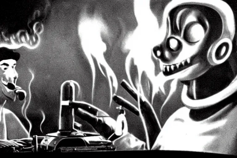 Image similar to a subgenius with smoking pipe is shocked and sees an alien on his television in his living room. sparks and smoke come out of the television. film still from 1 9 5 0 s sci - fi