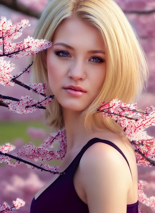 Image similar to photo of a gorgeous blonde female in the style of stefan kostic, realistic, half body shot, sharp focus, 8 k high definition, insanely detailed, intricate, elegant, art by stanley lau and artgerm, extreme blur cherry blossoms background