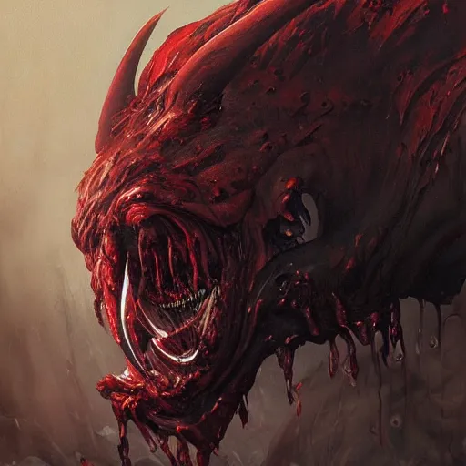 Prompt: Dark Fantasy Painting of a muscular red beast face with saliva and drool dripping from its mouth, creepy, unsettling, horror, upper body, intricate, wild, highly detailed, digital painting, artstation, concept art, smooth, sharp focus, illustration, art by artgerm and greg rutkowski and alphonse mucha