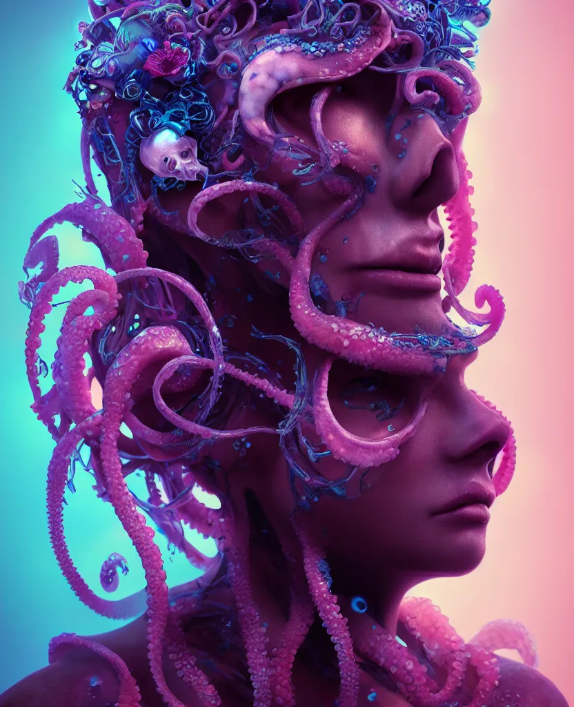 Image similar to goddess close - up portrait human skull, ram skull, squid phoenix jellyfish, orchid, betta fish, bioluminiscent, intricate artwork by tooth wu and wlop and beeple. octane render, trending on artstation, greg rutkowski very coherent symmetrical artwork. cinematic, hyper realism, high detail, octane render, 8 k