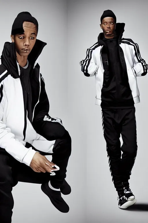 Image similar to full body photo. extreme long shot. man in black jacket and white!!! adidas!!! pants!!!. serious face. by Martin Schoeller