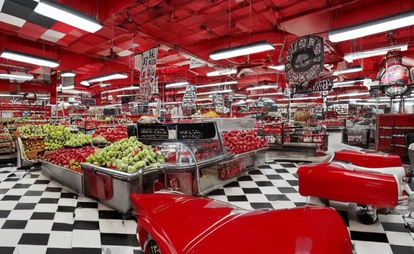 Prompt: interior of a 1950s style super market, retro equipment, red, black and white checkered patterns, us style