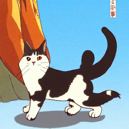 Image similar to a calico cat walking up mount fuji in the style of studio ghibli