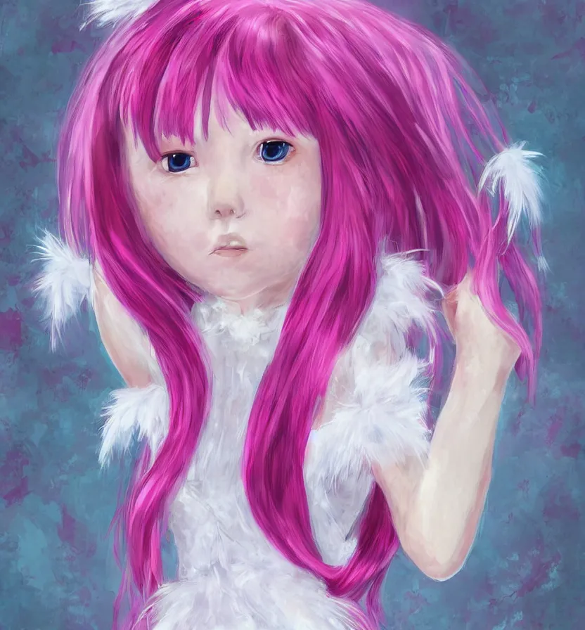 Image similar to little girl with eccentric pink hair wearing a dress made of white feather, art by dcwj