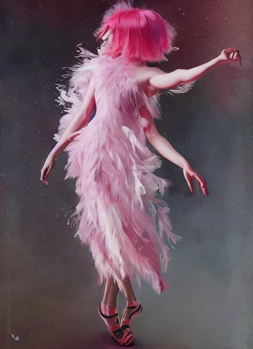 Image similar to beautiful young girl with an pink eccentric haircut wearing an dress made of feathers dancing on stage, artwork made by ilya kuvshinov, inspired in donato giancola, hd, ultra realistic, reflection, stage
