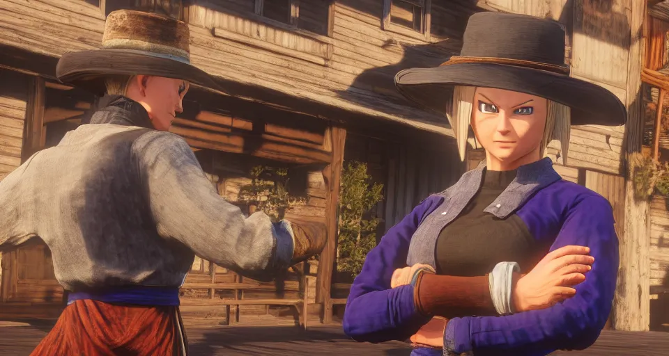 Image similar to Screenshot of Android 18 from DBZ in western attire in the videogame 'Red Dead Redemption 2' in a saloon environment. Sharpened. 1080p. High-res. Ultra graphical settings.