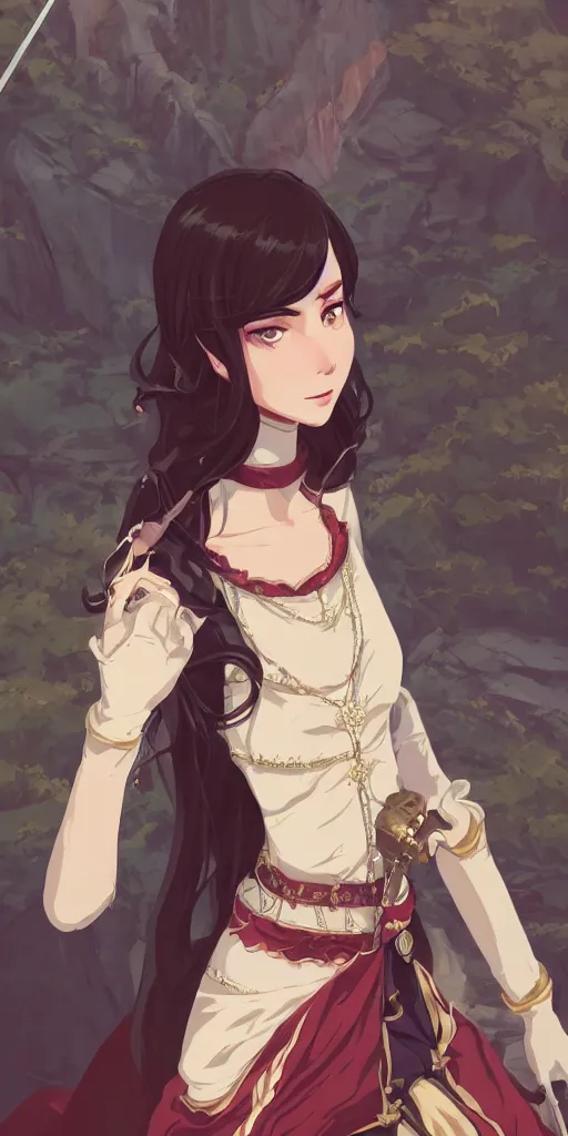 Image similar to portrait of elegant brunette as a medieval royalty, medieval castle background, shallow focus, rich vivid colors, ambient lighting, dynamic lighting, 4k, official media, anime key visual, makoto shinkai, ilya kuvshinov, lois van baarle, rossdraws, detailed, trending on artstation