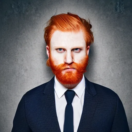Prompt: A man with ginger hair in a emo style with a beard and wearing a white collared shirt with a blue tie, portrait, realistic, hyperrealistic, 4k resolution, 8k resolution, HD Quality, highly detailed, very detailed, detailed, studio quality lighting, real life