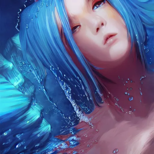 Image similar to water dripping, splashing over rimuru tempest, sky blue straight hair, bangs, with amber eyes, black jacket, high collar, ultra detailed, euphoric, masterpiece, digital painting, psychedelic, cinematic, wlop, pixiv, swirly, ilya kuvshinov, ross tran