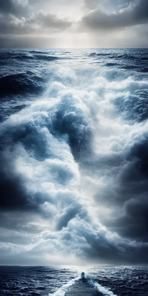 Image similar to the sea, path through the sea, wall of water either side, biblical, moses, by stephen king, end of the world, nature, cinematic, hyperrealistic, evil, dark, cgsociety, 8 k