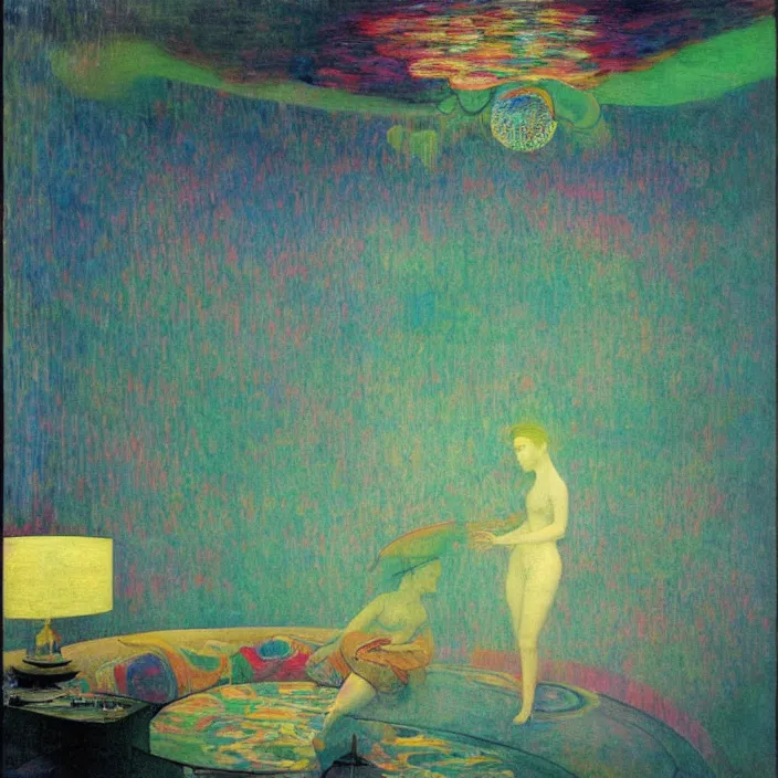 Image similar to interior of a house flooded. aurora borealis. iridescent, psychedelic colors. painting by balthus, agnes pelton, utamaro, monet