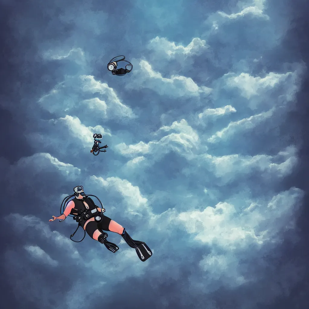 Image similar to a scubadiver floating above the clouds, digital illustration