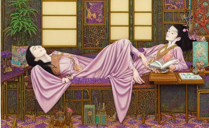 Image similar to a pastel drawing of a female wizard, ornate clothing, lounging on a purpur pillow on the marbled checkered floor in his study room reading an ancient tome. to the side is a potted plant, moody candlelit raytracing. ancient scifi fantasy setting. detailed face, sharp focus. by chie yoshii and mati klarwein