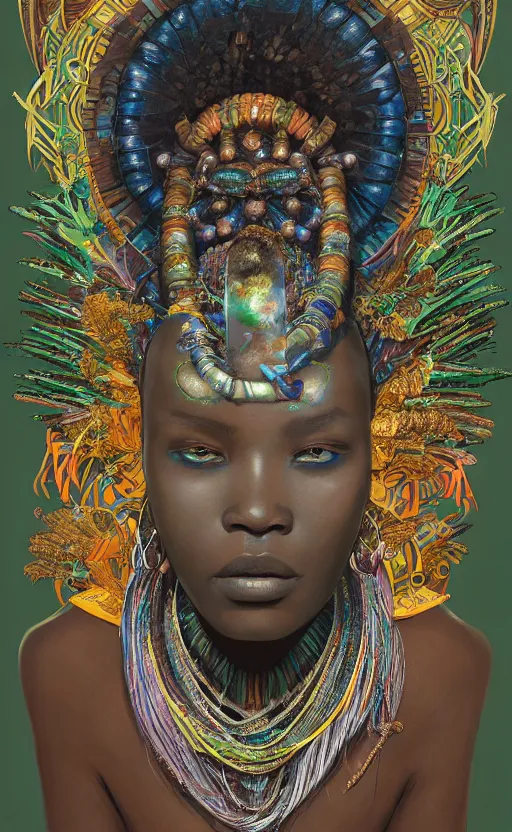 Image similar to upper half portrait of retro futuristic african tribal chief - embellished with vegetation and iridescent crystals, art by cheng, hsiao - ron & alphonso mucha, colouring by zdzisaw beksinski, highly detailed, digital painting, airbrush, concept art, illustration, smooth sharp focus, intricate, symmetry, artstation, colourful,