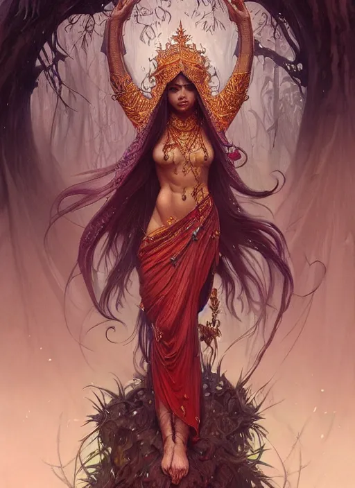 Image similar to kuntilanak on tree, d & d, wet, shiny, fantasy, intricate, elegant, highly detailed, digital painting, artstation, concept art, smooth, sharp focus, illustration, art by artgerm and greg rutkowski and alphonse mucha