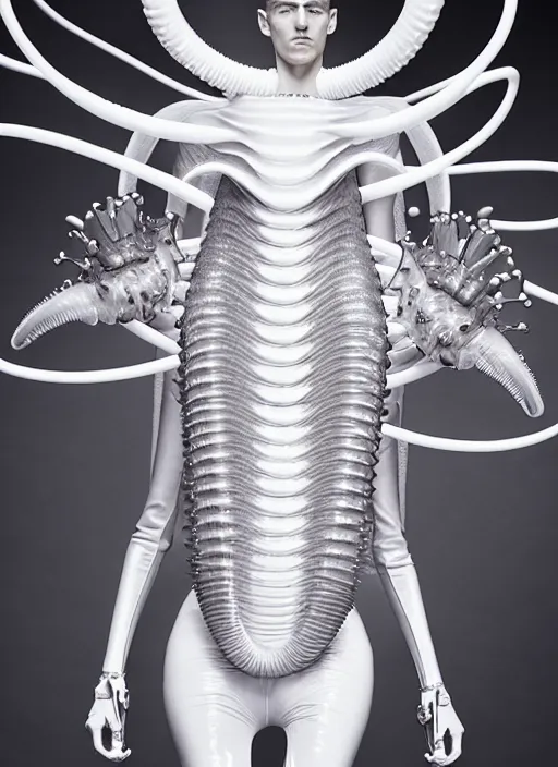 Image similar to walking down the catwalk, mert alas and marcus piggott, show, stage, vogue photo, podium, fashion show photo, historical baroque dress, iris van herpen, beautiful woman, full body shot, masterpiece, inflateble shapes, alien, predator, guyver, jellyfish, white biomechanical details, highly detailed