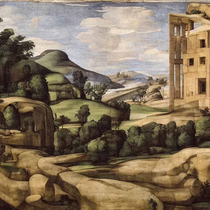 Image similar to a building in a serene landscape, by michelangelo