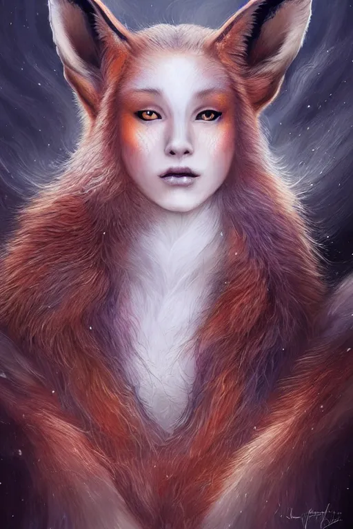 Prompt: majestic and regal portrait of a beautiful young female fox lady!!, fox ears, tail, intricate, epic, elegant, menacing, fantasy, highly detailed, digital painting, hard focus, beautiful volumetric lighting, epic light, ultra detailed, souls, smoke, by leesha hannigan, ross tran, thierry doizon, kai carpenter, ignacio fernandez rios