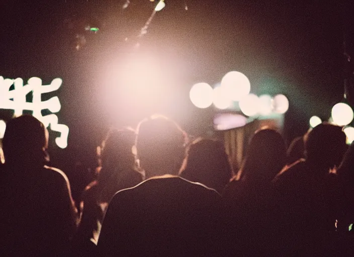 Prompt: a 2 8 mm macro photo from the back of a crowd at a nightclub in silhouette in the 1 9 7 0 s, bokeh, canon 5 0 mm, cinematic lighting, dramatic, film, photography, golden hour, depth of field, award - winning, 3 5 mm film grain
