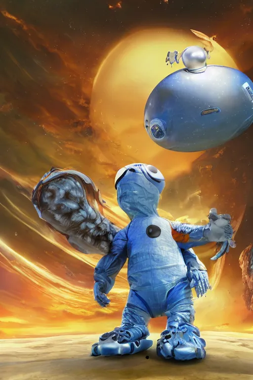 Image similar to a lonely chicken wearing a space suit without helmet in a alien planet, profile picture, digital art, concept art, trending on DeviantArt, highly detailed, high quality, 4K, cartoon, high coherence, path traced, blue sky in the background, octane render, digital painting, no helmet, masterpiece, anatomically correct, hyperrealistic