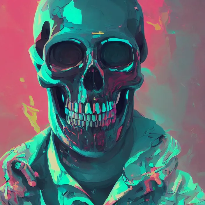 Image similar to a colorful comic noir illustration painting of a cyberpunk skull by sachin teng and sergey kolesov and sam yang and heng z. hyper detailed. octane render. trending on artstation