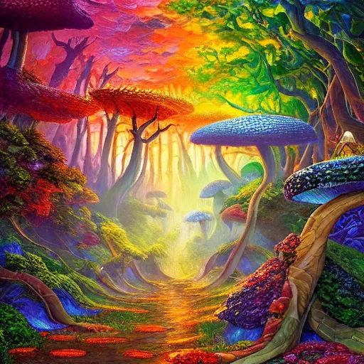 Image similar to lush ridge mushroom cryengine render depth of field fantasy hyper realism cinematic by lisa frank, antoni gaudi, john howe, alex grey, tristan eaton, john stephens, andreas rocha, leonid afremov