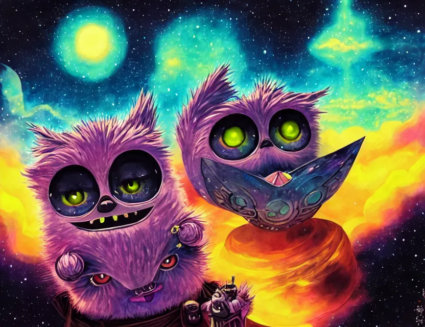 Image similar to the elder furby ruling over the galaxy. this gouache painting by the award - winning mangaka has dramatic lighting, an interesting color scheme and intricate details.