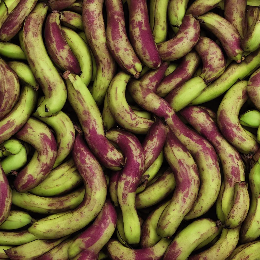 Image similar to very ripe bananas organized like a complex fractal, cracked, vegetable foliage, art nouveau fractal with petal shape, and stems, mesh roots, hyper real, food photography, high quality