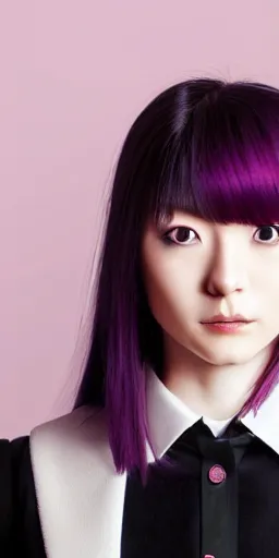Prompt: a professional portrait of Kyoko Kirigiri, a young adult Japanese woman with long pale light mauve hair with bangs, purple eyes, a mysterious expression, black gloves, a suit jacket, symmetrical features, realistic 8k professional photography, midday lighting, mystery and detective themed, octane, volumetric lighting, 70mm