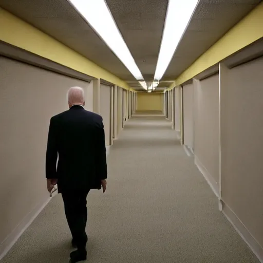 Image similar to Joe Biden lost in the backrooms, old moist carpet, mono-yellow, fluorescent lights, randomly segmented rooms, eerie