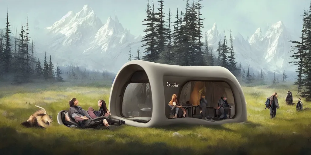 Image similar to cabela's beautiful comfortable futuristic pop up insulated all terrain family pod, cabin, modular, person in foreground, mountainous forested wilderness open fields, beautiful views, painterly concept art, joanna gaines, environmental concept art, farmhouse, magnolia, concept art illustration by ross tran, by james gurney, by craig mullins, by greg rutkowski trending on artstation