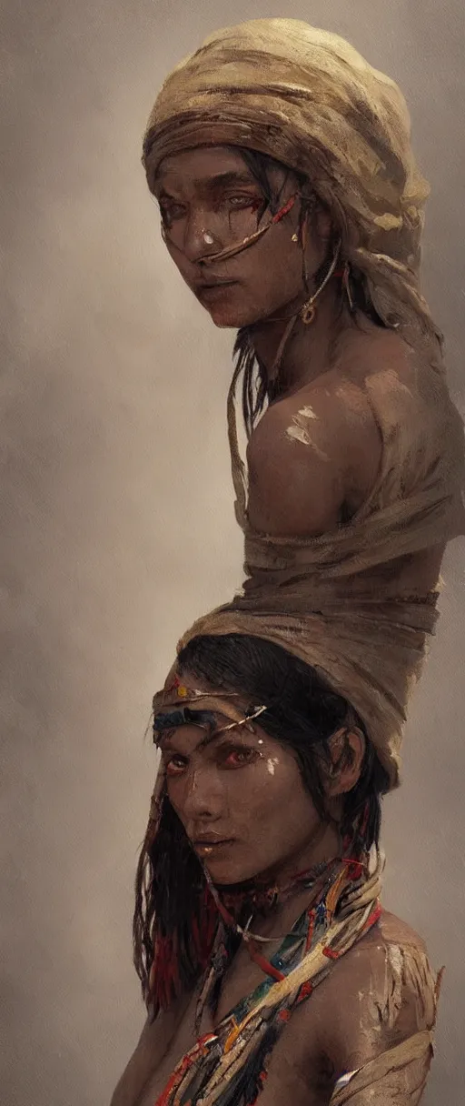 Image similar to A painting of a tribal woman trending on artstation in the style of Greg Rutkowski