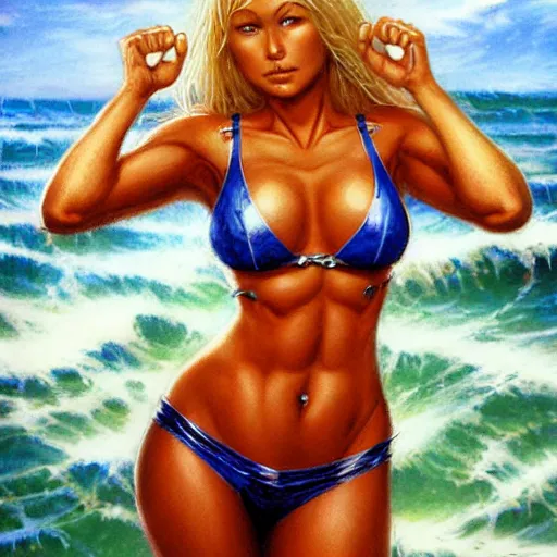 Image similar to blonde Hawaiian surfer girl by Greg Staples, artstation