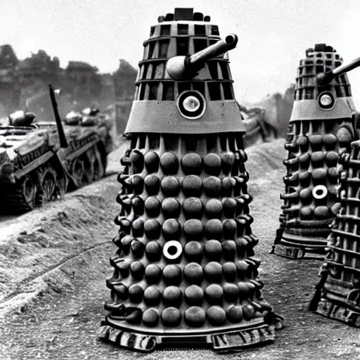 Prompt: a wwii photograph of a dalek brigade