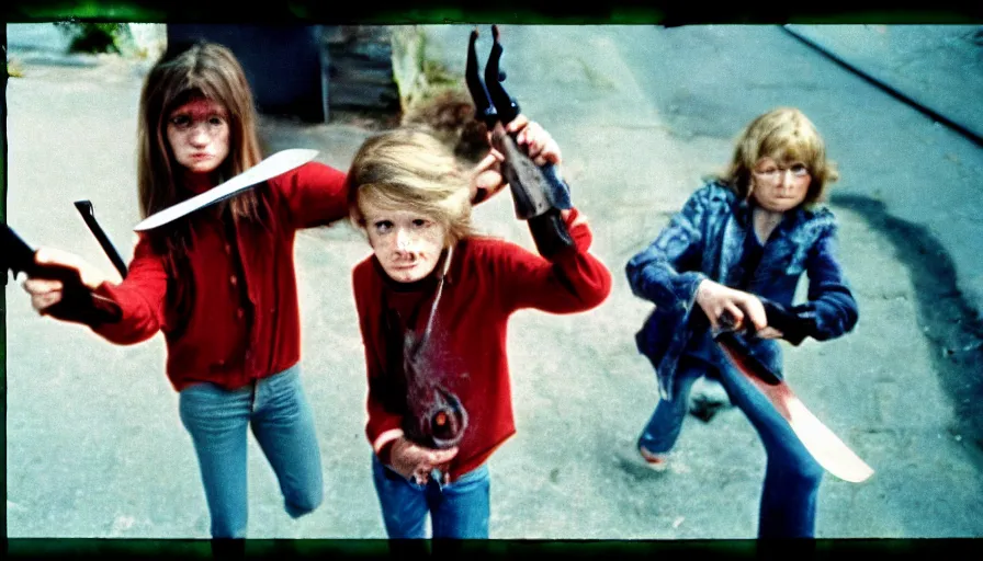 Image similar to 7 0 s film still from a horror movie about children playing with knives and guns, kodachrome, cinecolor, cinestill, film grain, film texture, retro, cinematic, high resolution, photorealism,